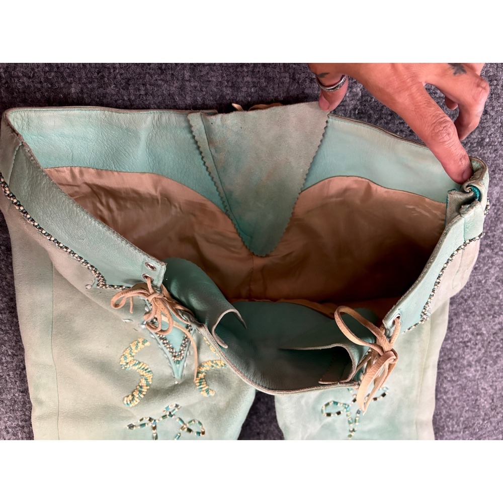 Vintage Western Suede Leather Pants Beaded Lace Up Turquoise OOAK Couture Rare - Picture 5 of 16